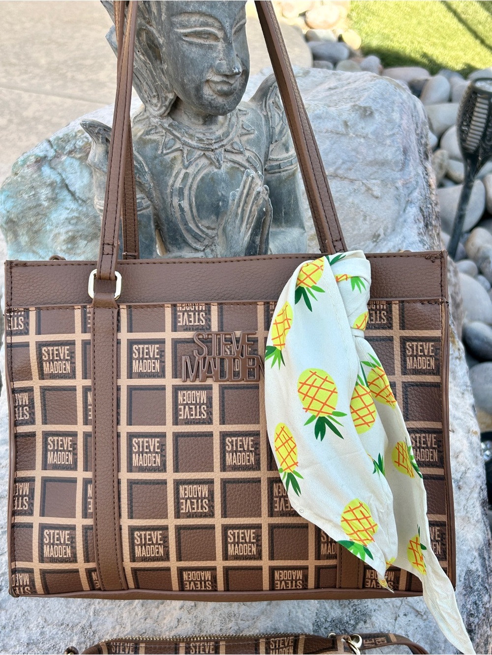 Steve Madden Brown Monogram Tote with Matching Pouch and Pineapple Scarf - Picture 2 of 7